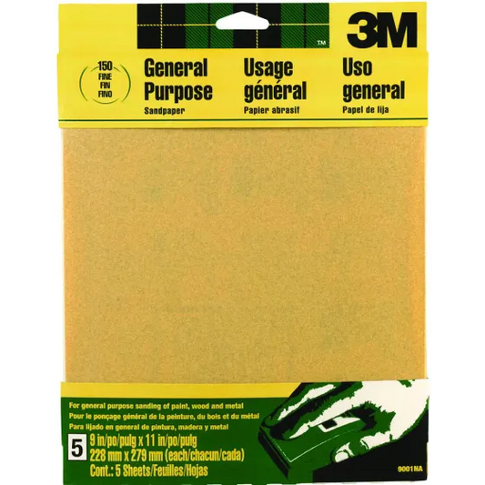 3M 9001NA Sand Blaster Aluminum Oxide Sandpaper Sheets, 150 Grit, 9 Inch By 11 Inch, 5 Pack