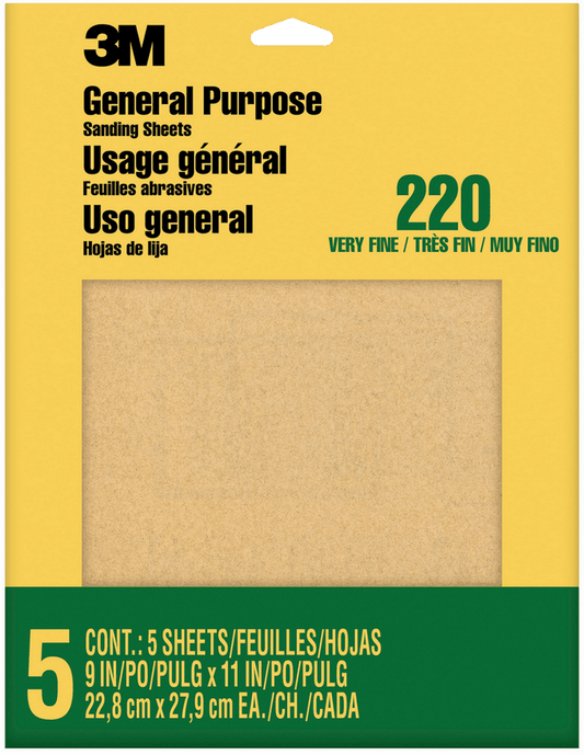 3M 9000NA Sand Blaster Aluminum Oxide Sandpaper Sheets, 220 Grit, 9 Inch By 11 Inch, 5 Pack