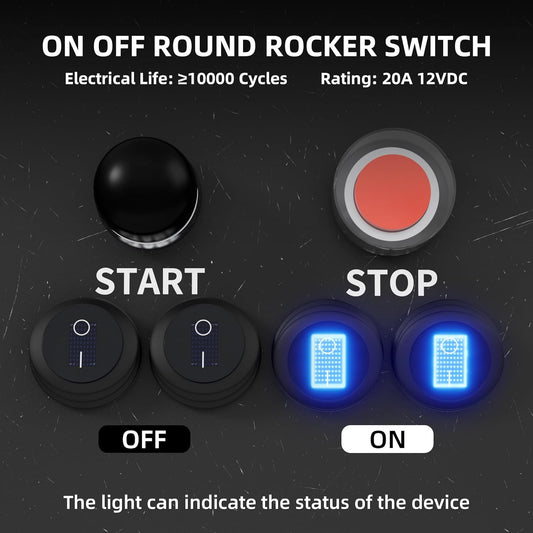 12V Waterproof Round Rocker Switch Blue LED Lighted [UL Listed] ON Off 3 Pin 12 Volt 20A Weatherproof Illuminated Toggle for Marine Car RV Truck