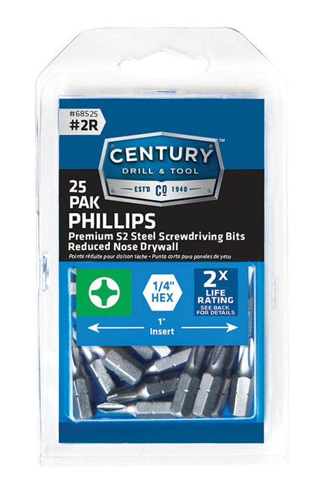 Century Drill & Tool 68525 Premium S2 Steel #2R Phillips Drywall Insert Screwdriving Bit Set, 25 Pack