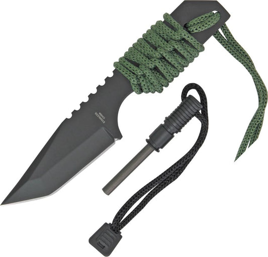 Small Survival Fixed Tanto Blade Knife with Green Cord Wrapped Handle