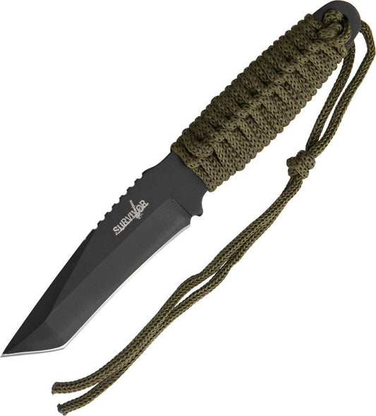 Master Cutlery Survival Knife with Cord Wapped Handles and Black Coated Stainless Steel 4" Tanto Point Plain Edge