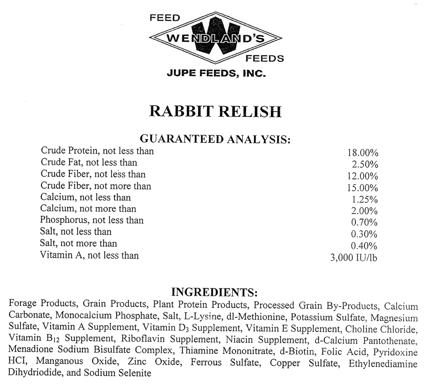 RABBIT RELISH PELLETS 18% 50# - WENDLAND'S FEED