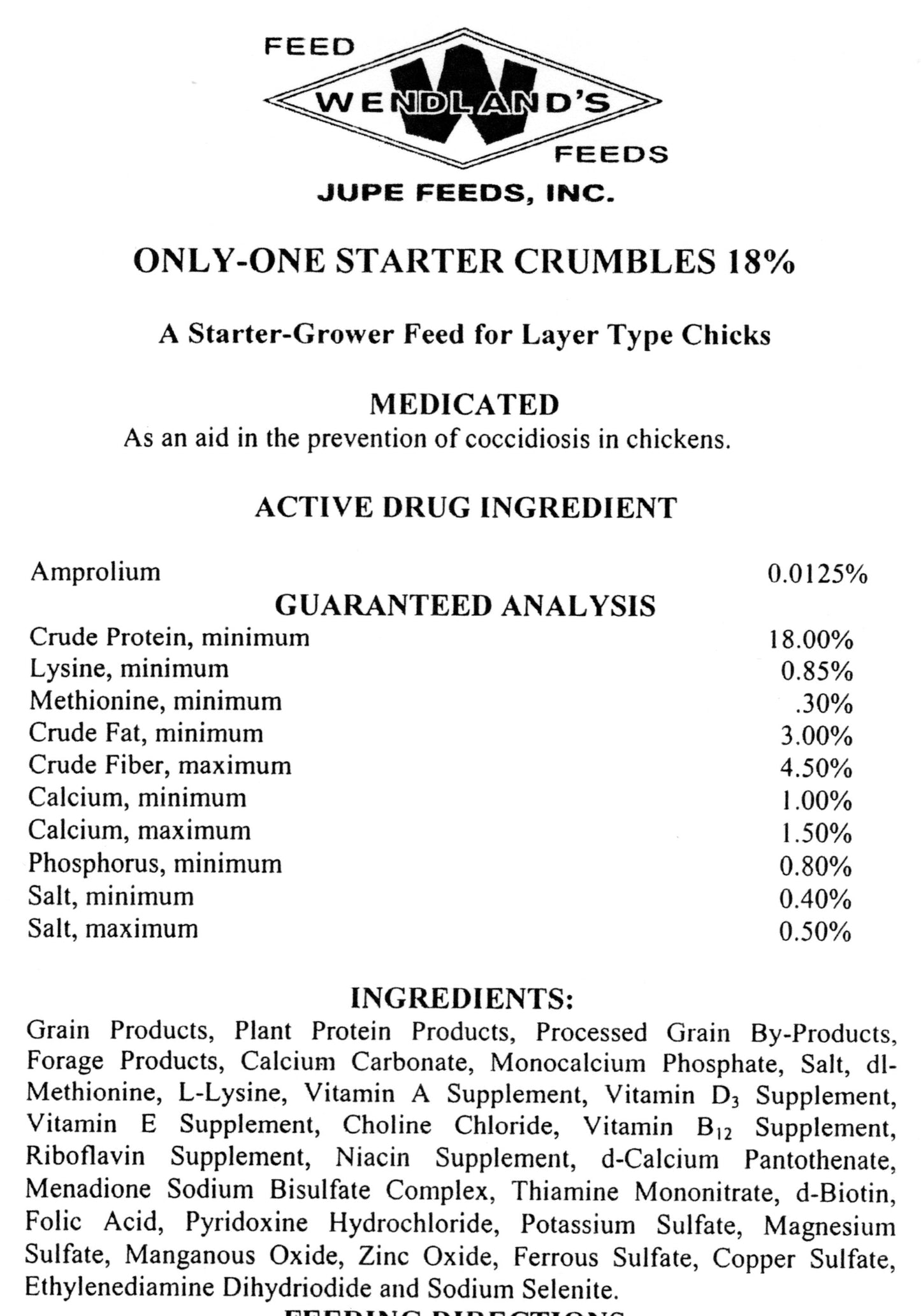 ONLY 1 CHICK STARTER CRUMBLES 50# - WENDLAND'S FEED